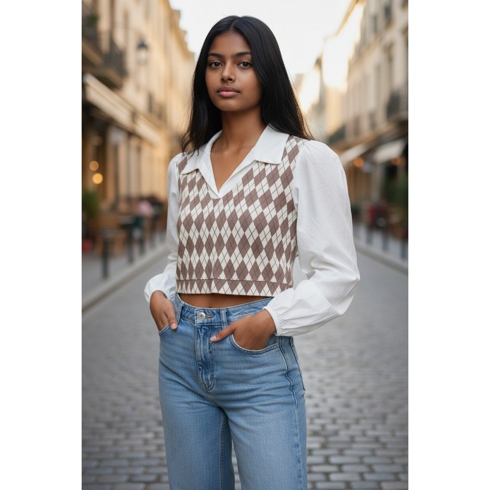 SHEIN EZwear Women's Long Sleeve Argyle Cropped Collared Shirt 1XL Brown White